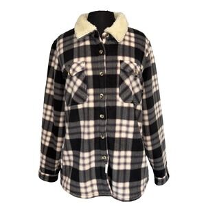 Soho Threads Plaid Shacket Sherpa Lined Women's XL Black Pink Pockets Button Up